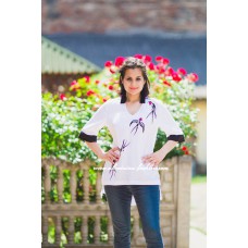Boho Style Embroidered Assymetric Blouse "Summer Birds" White/Black